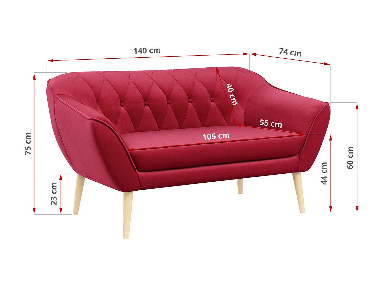 Sofa PIRS - 2-Sitzer, mit Armlehnen, Skandinavisches Design - Rot Velvet