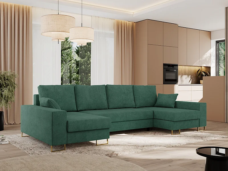 Ecksofa DORIAN U, Wohnlandschaft, Ecksofa mit Armlehnen, schlaffunktion und Bettkästen - Grün Struktur