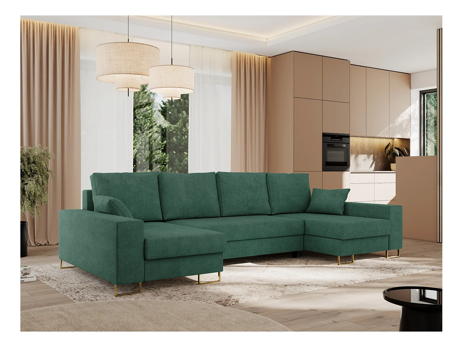 Ecksofa DORIAN U, Wohnlandschaft, Ecksofa mit Armlehnen, schlaffunktion und Bettkästen - Grün Struktur