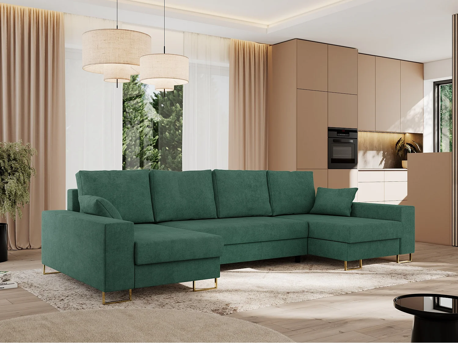 Ecksofa DORIAN U, Wohnlandschaft, Ecksofa mit Armlehnen, schlaffunktion und Bettkästen - Grün Struktur