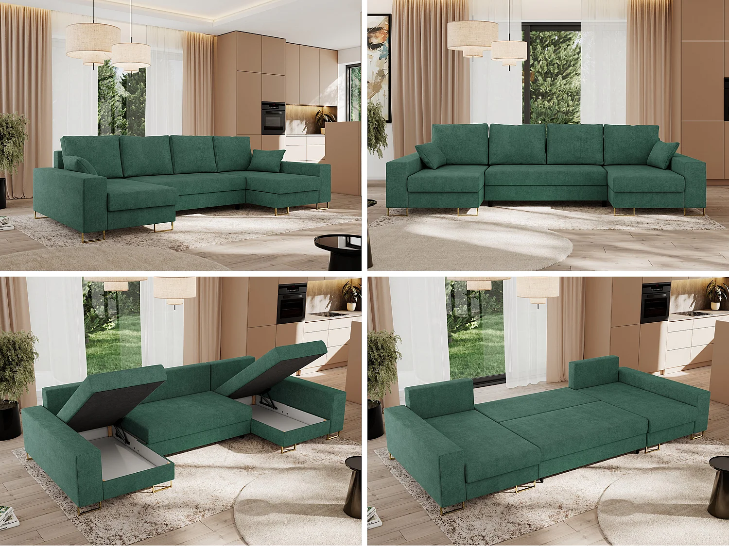 Ecksofa DORIAN U, Wohnlandschaft, Ecksofa mit Armlehnen, schlaffunktion und Bettkästen - Grün Struktur