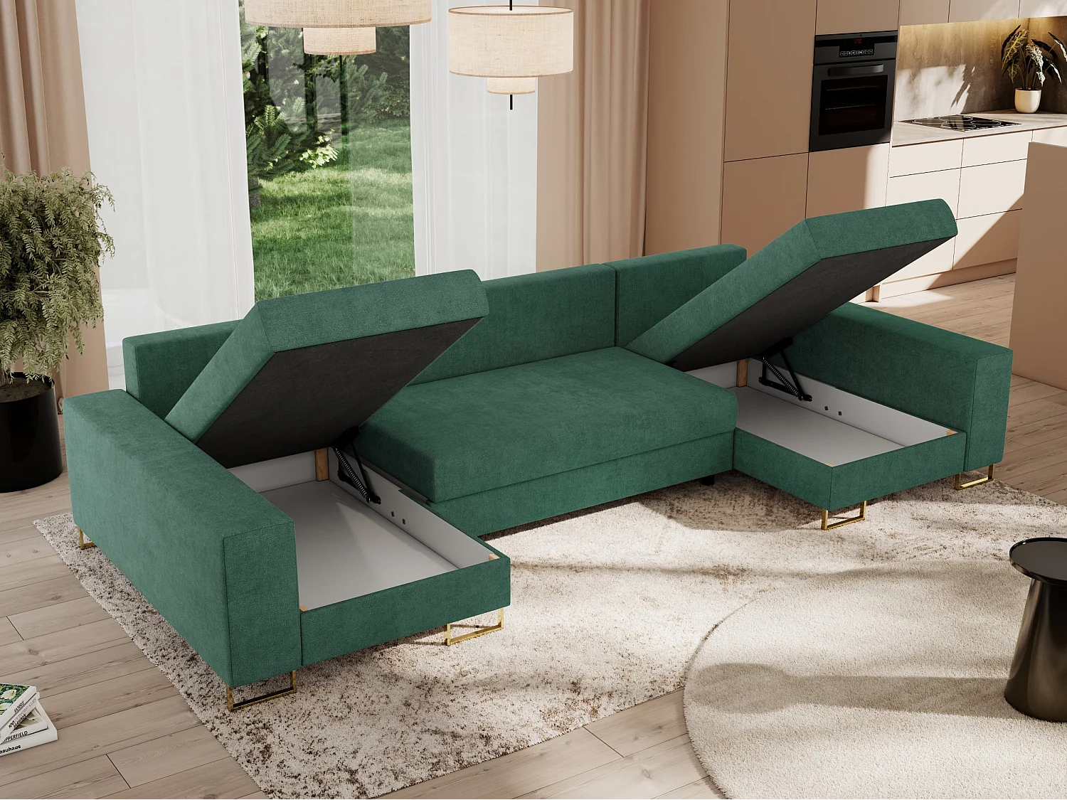 Ecksofa DORIAN U, Wohnlandschaft, Ecksofa mit Armlehnen, schlaffunktion und Bettkästen - Grün Struktur