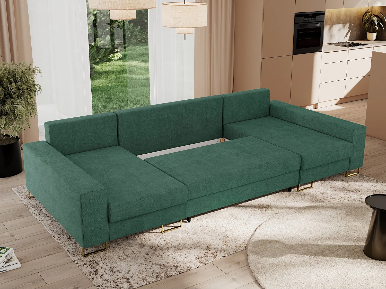 Ecksofa DORIAN U, Wohnlandschaft, Ecksofa mit Armlehnen, schlaffunktion und Bettkästen - Grün Struktur