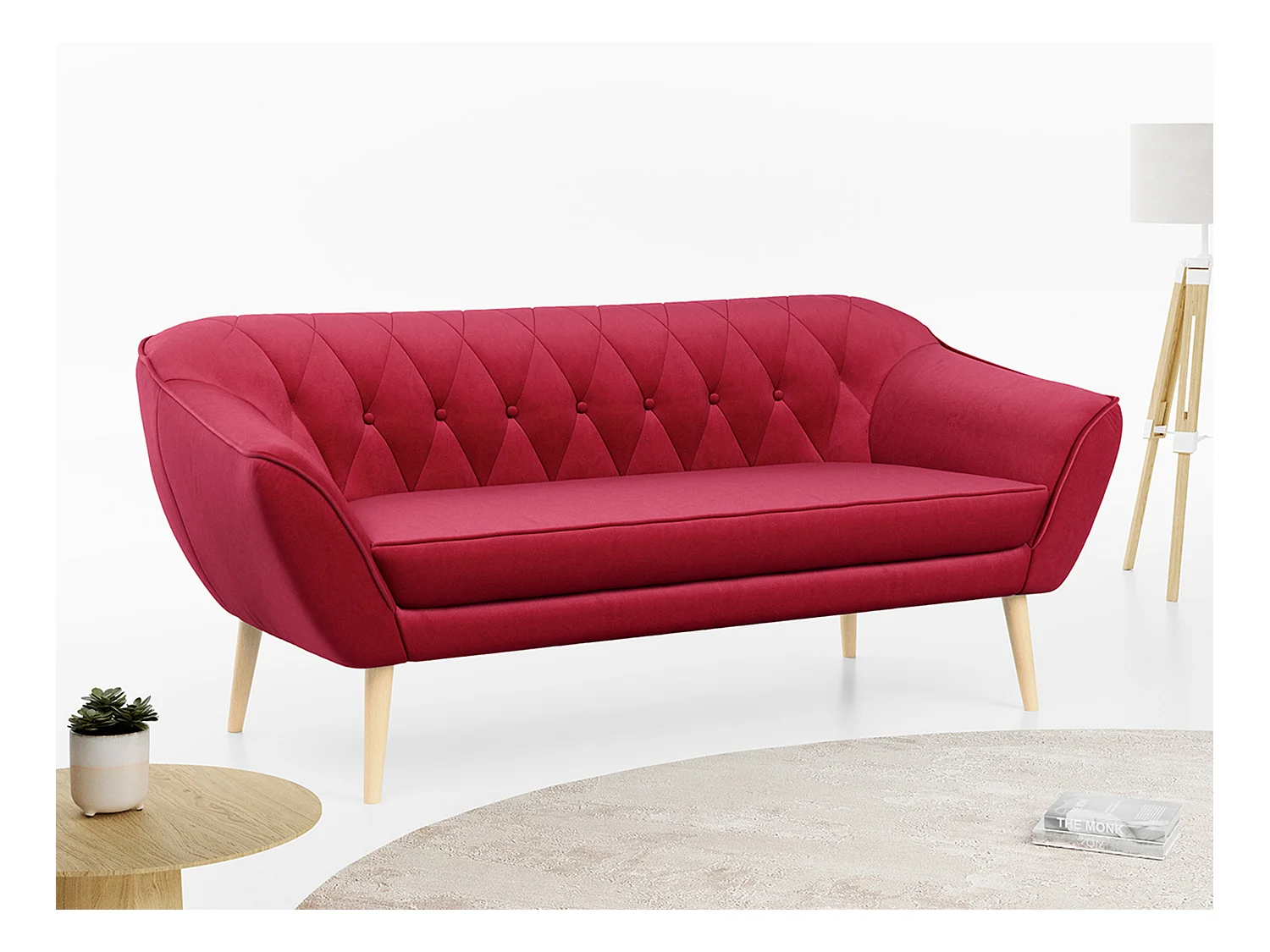 Sofa PIRS - 3-Sitzer Skandinavischer Sofa, mit Armlehnen, Holzbeine - Rot Velvet