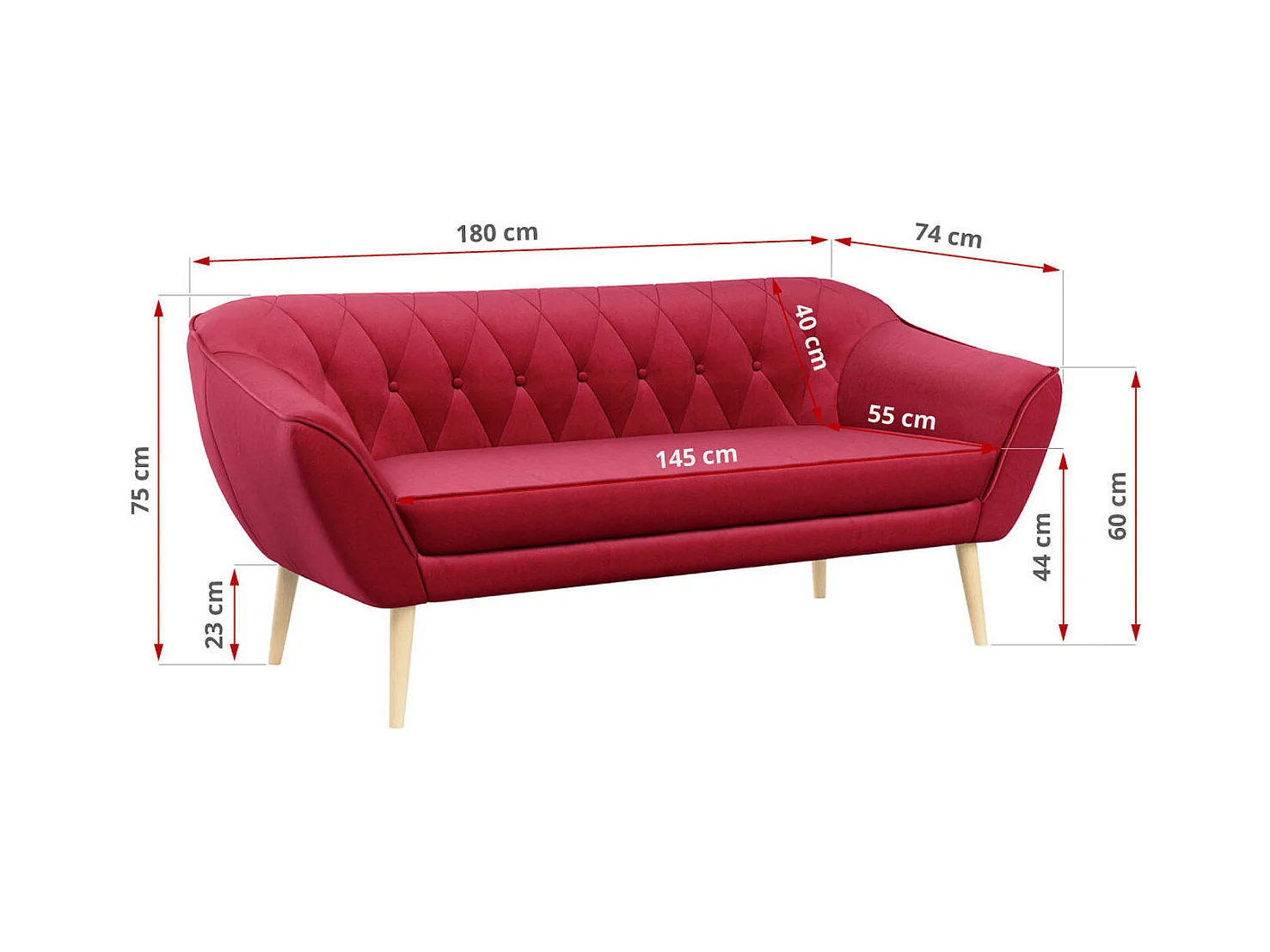 Sofa PIRS - 3-Sitzer Skandinavischer Sofa, mit Armlehnen, Holzbeine - Rot Velvet