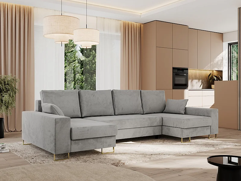 Ecksofa DORIAN U, Wohnlandschaft, Ecksofa mit Armlehnen, schlaffunktion und Bettkästen - Hellgrau Velvet