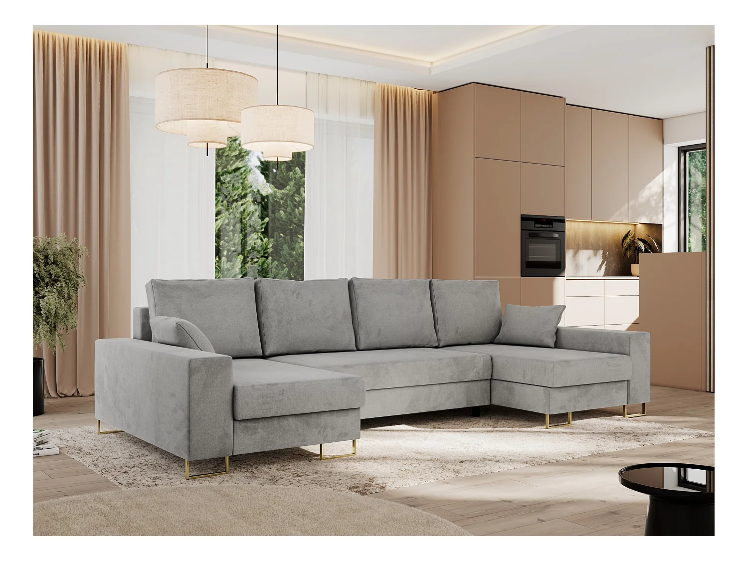 Ecksofa DORIAN U, Wohnlandschaft, Ecksofa mit Armlehnen, schlaffunktion und Bettkästen - Hellgrau Velvet