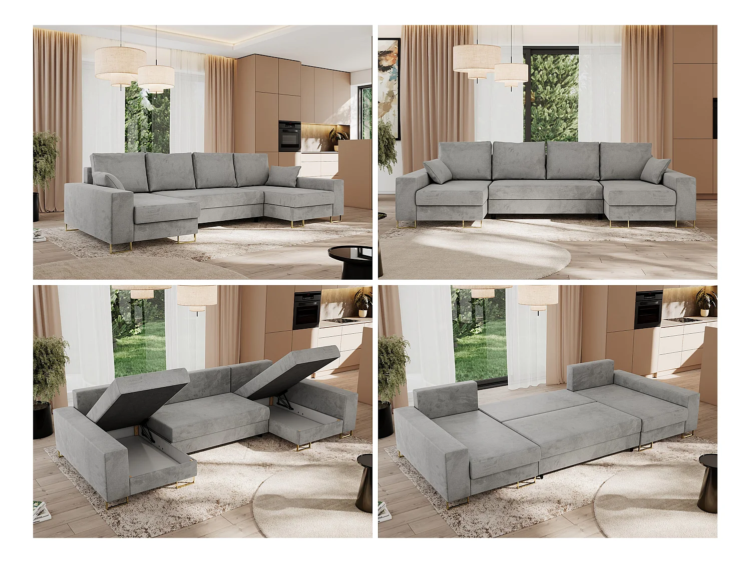 Ecksofa DORIAN U, Wohnlandschaft, Ecksofa mit Armlehnen, schlaffunktion und Bettkästen - Hellgrau Velvet