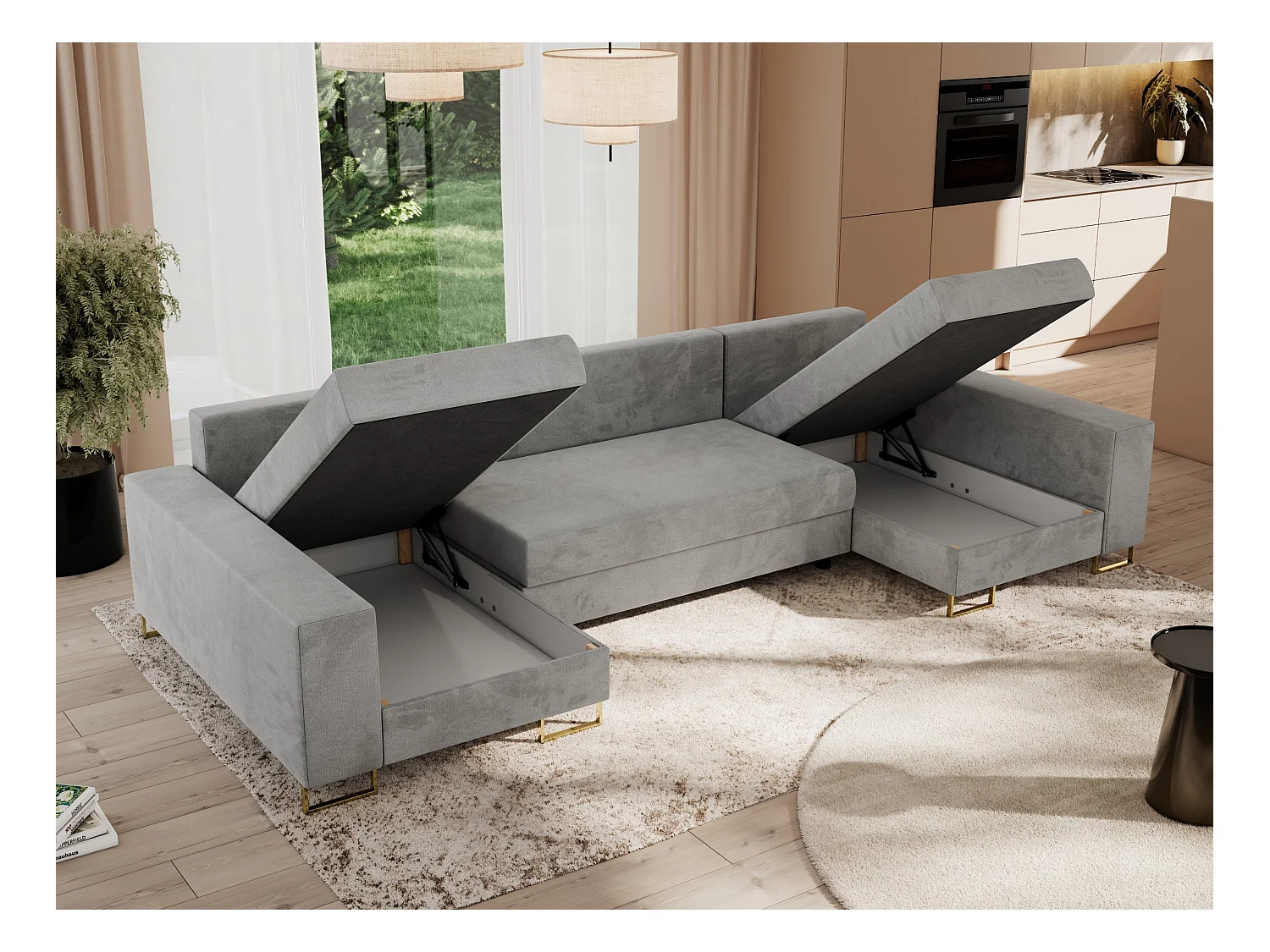 Ecksofa DORIAN U, Wohnlandschaft, Ecksofa mit Armlehnen, schlaffunktion und Bettkästen - Hellgrau Velvet