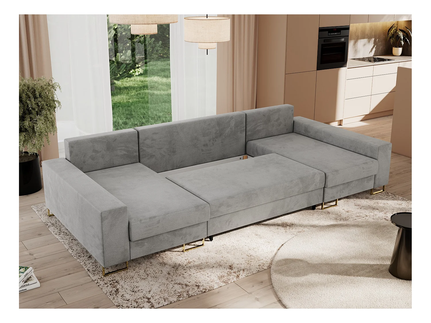 Ecksofa DORIAN U, Wohnlandschaft, Ecksofa mit Armlehnen, schlaffunktion und Bettkästen - Hellgrau Velvet