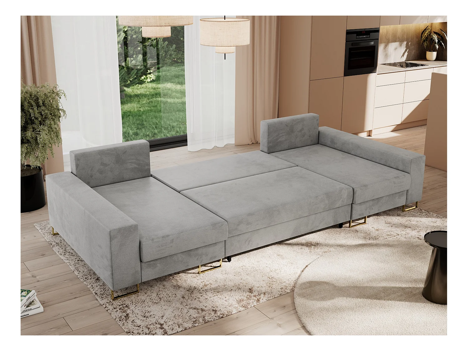 Ecksofa DORIAN U, Wohnlandschaft, Ecksofa mit Armlehnen, schlaffunktion und Bettkästen - Hellgrau Velvet