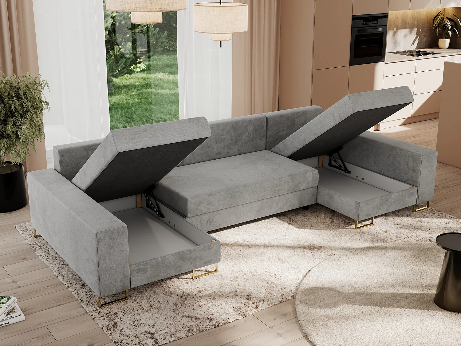 Ecksofa DORIAN U, Wohnlandschaft, Ecksofa mit Armlehnen, schlaffunktion und Bettkästen - Hellgrau Velvet