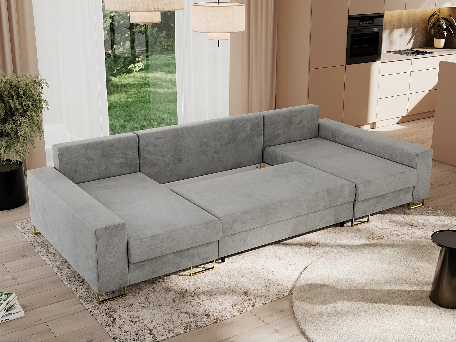 Ecksofa DORIAN U, Wohnlandschaft, Ecksofa mit Armlehnen, schlaffunktion und Bettkästen - Hellgrau Velvet