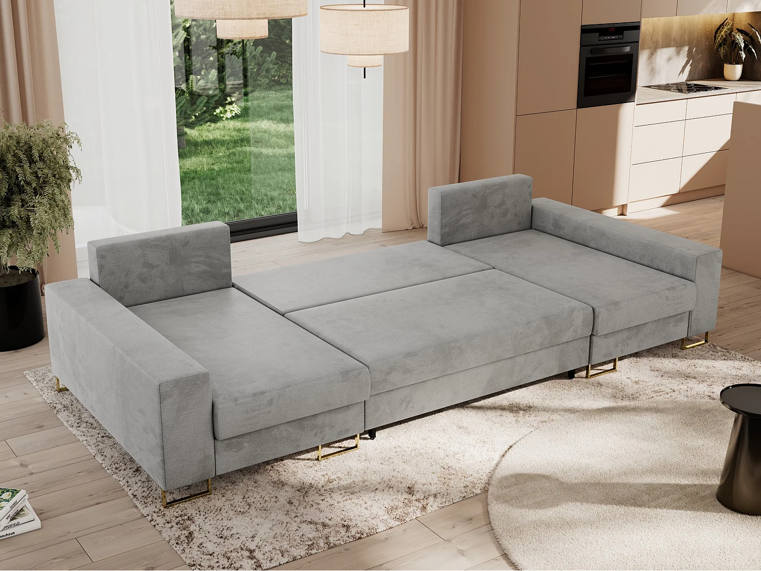 Ecksofa DORIAN U, Wohnlandschaft, Ecksofa mit Armlehnen, schlaffunktion und Bettkästen - Hellgrau Velvet