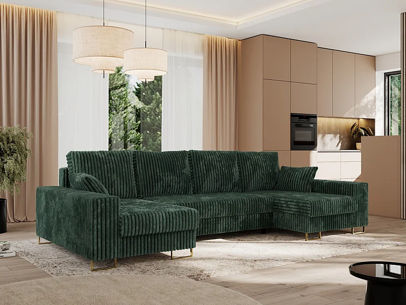 Ecksofa DORIAN U, Wohnlandschaft, Ecksofa mit Armlehnen, schlaffunktion und Bettkästen - Grün Cord