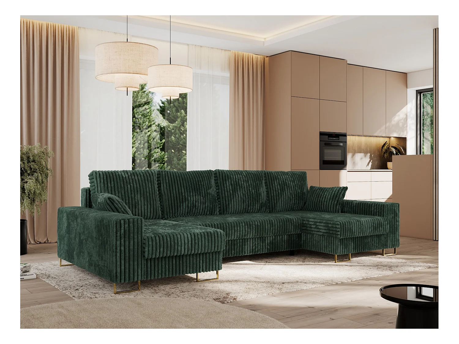 Ecksofa DORIAN U, Wohnlandschaft, Ecksofa mit Armlehnen, schlaffunktion und Bettkästen - Grün Cord