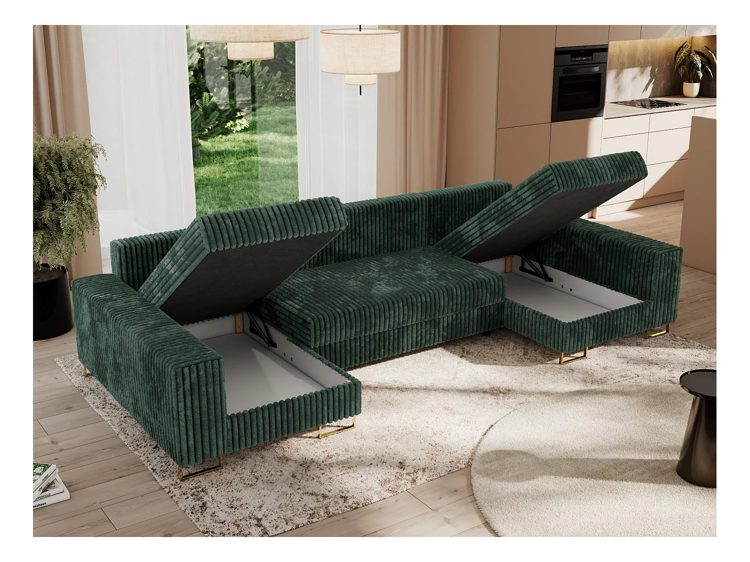 Ecksofa DORIAN U, Wohnlandschaft, Ecksofa mit Armlehnen, schlaffunktion und Bettkästen - Grün Cord