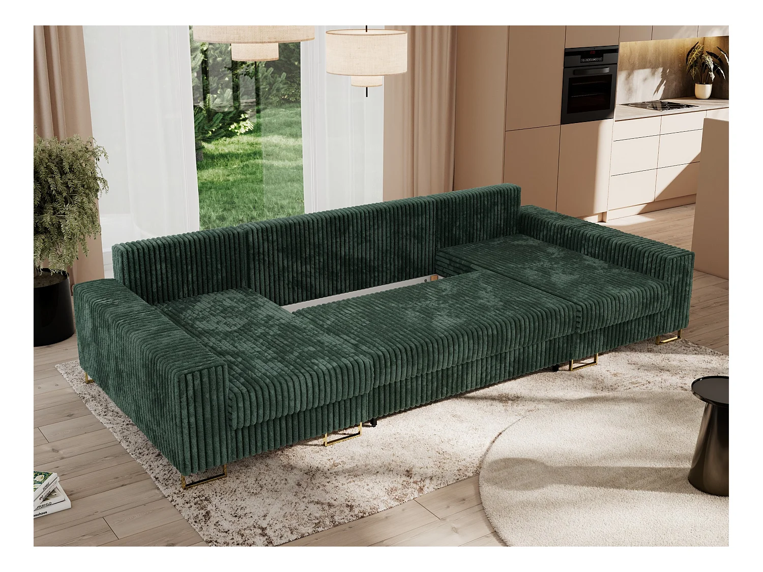 Ecksofa DORIAN U, Wohnlandschaft, Ecksofa mit Armlehnen, schlaffunktion und Bettkästen - Grün Cord