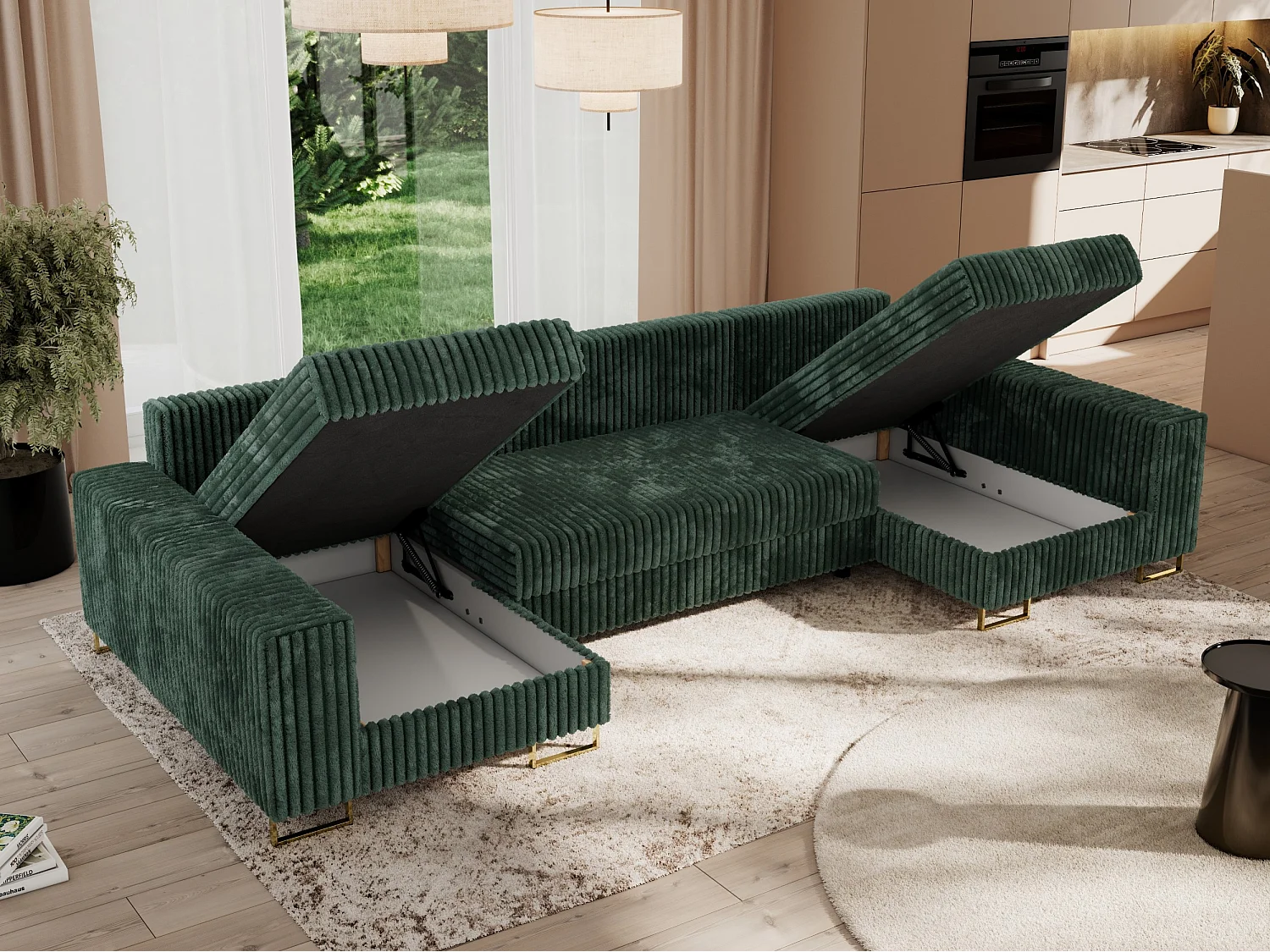 Ecksofa DORIAN U, Wohnlandschaft, Ecksofa mit Armlehnen, schlaffunktion und Bettkästen - Grün Cord