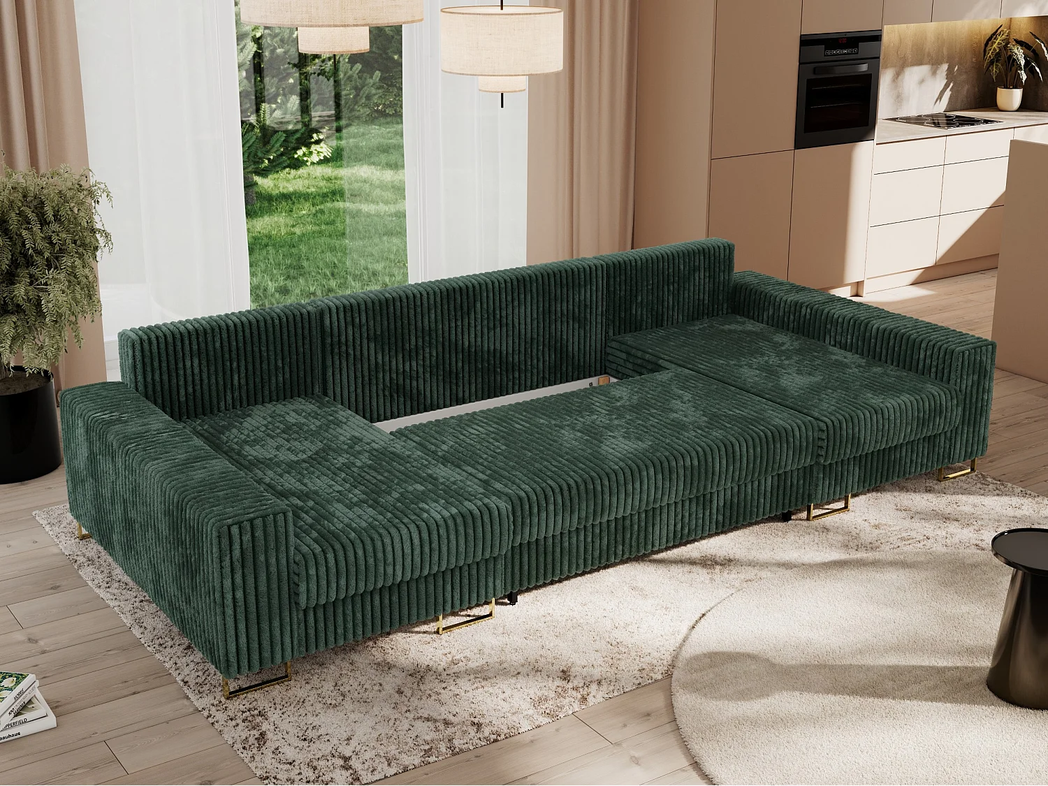 Ecksofa DORIAN U, Wohnlandschaft, Ecksofa mit Armlehnen, schlaffunktion und Bettkästen - Grün Cord