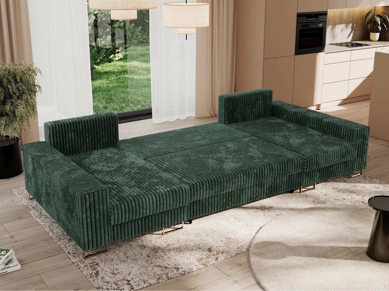 Ecksofa DORIAN U, Wohnlandschaft, Ecksofa mit Armlehnen, schlaffunktion und Bettkästen - Grün Cord