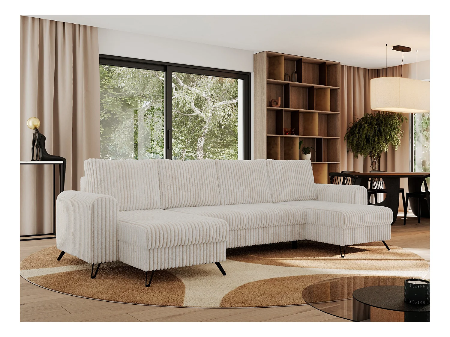 Ecksofa AXEL U, lose kissen, Ecksofa l-förmig, schlaffunktion und Bettkästen - Beige Cord