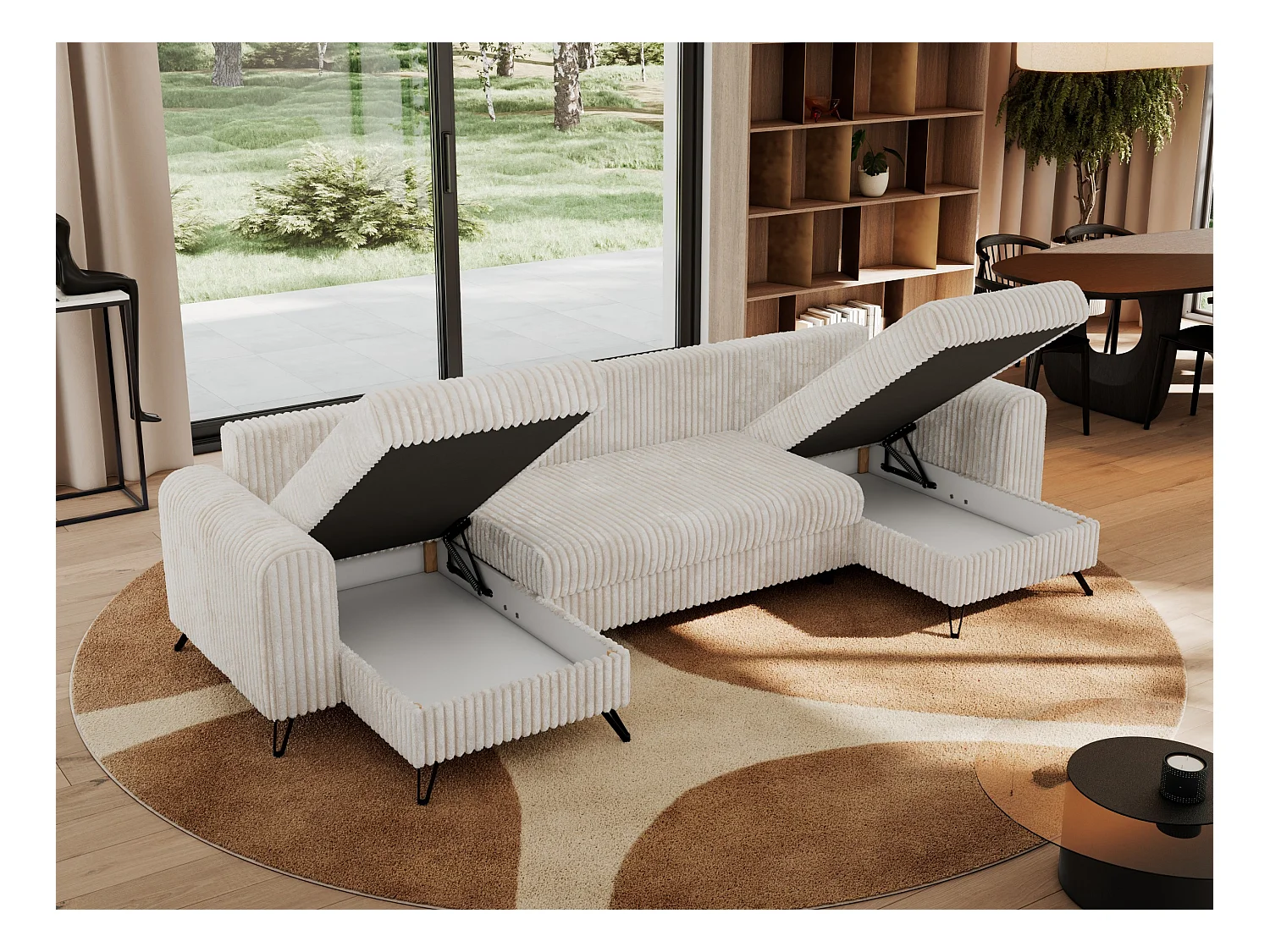 Ecksofa AXEL U, lose kissen, Ecksofa l-förmig, schlaffunktion und Bettkästen - Beige Cord