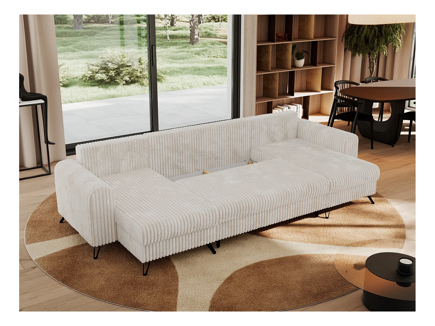 Ecksofa AXEL U, lose kissen, Ecksofa l-förmig, schlaffunktion und Bettkästen - Beige Cord