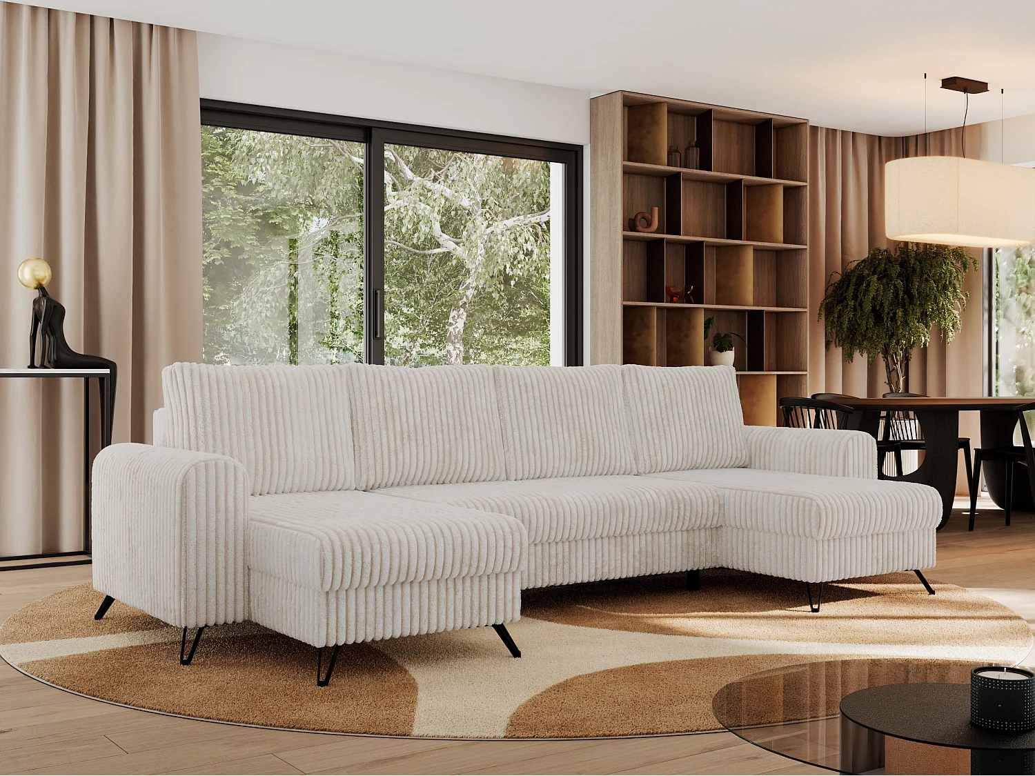 Ecksofa AXEL U, lose kissen, Ecksofa l-förmig, schlaffunktion und Bettkästen - Beige Cord