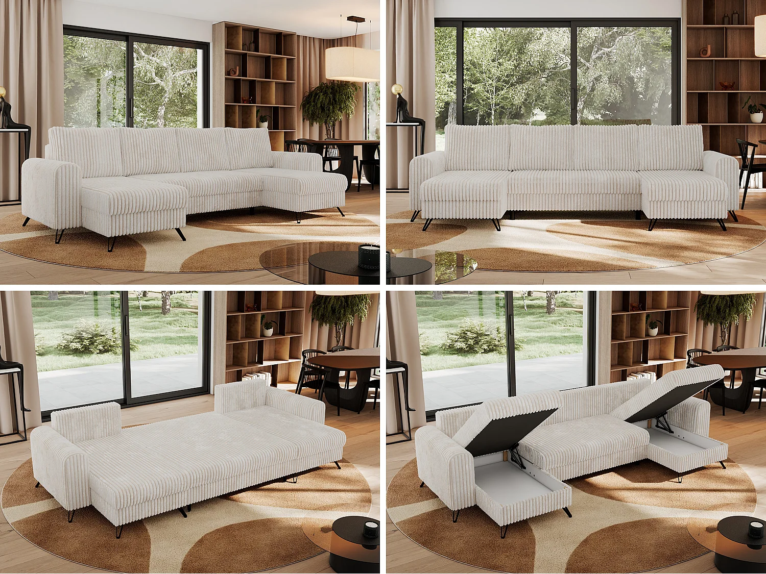 Ecksofa AXEL U, lose kissen, Ecksofa l-förmig, schlaffunktion und Bettkästen - Beige Cord