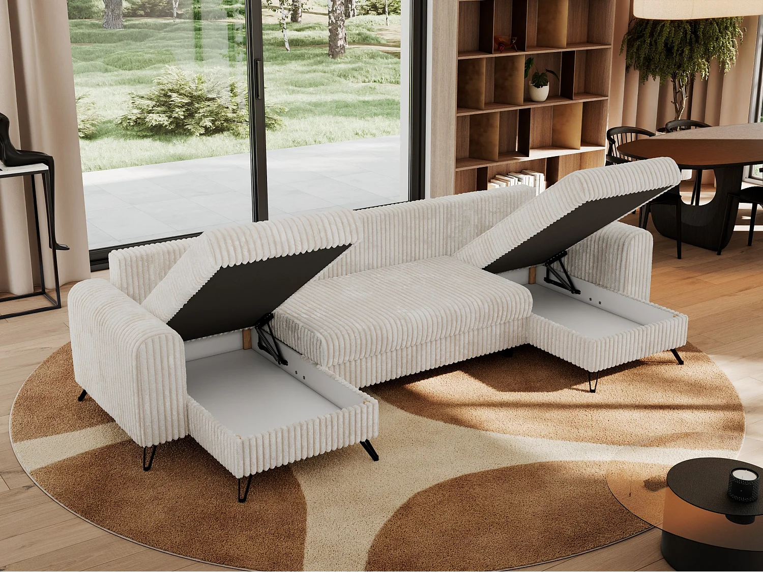 Ecksofa AXEL U, lose kissen, Ecksofa l-förmig, schlaffunktion und Bettkästen - Beige Cord