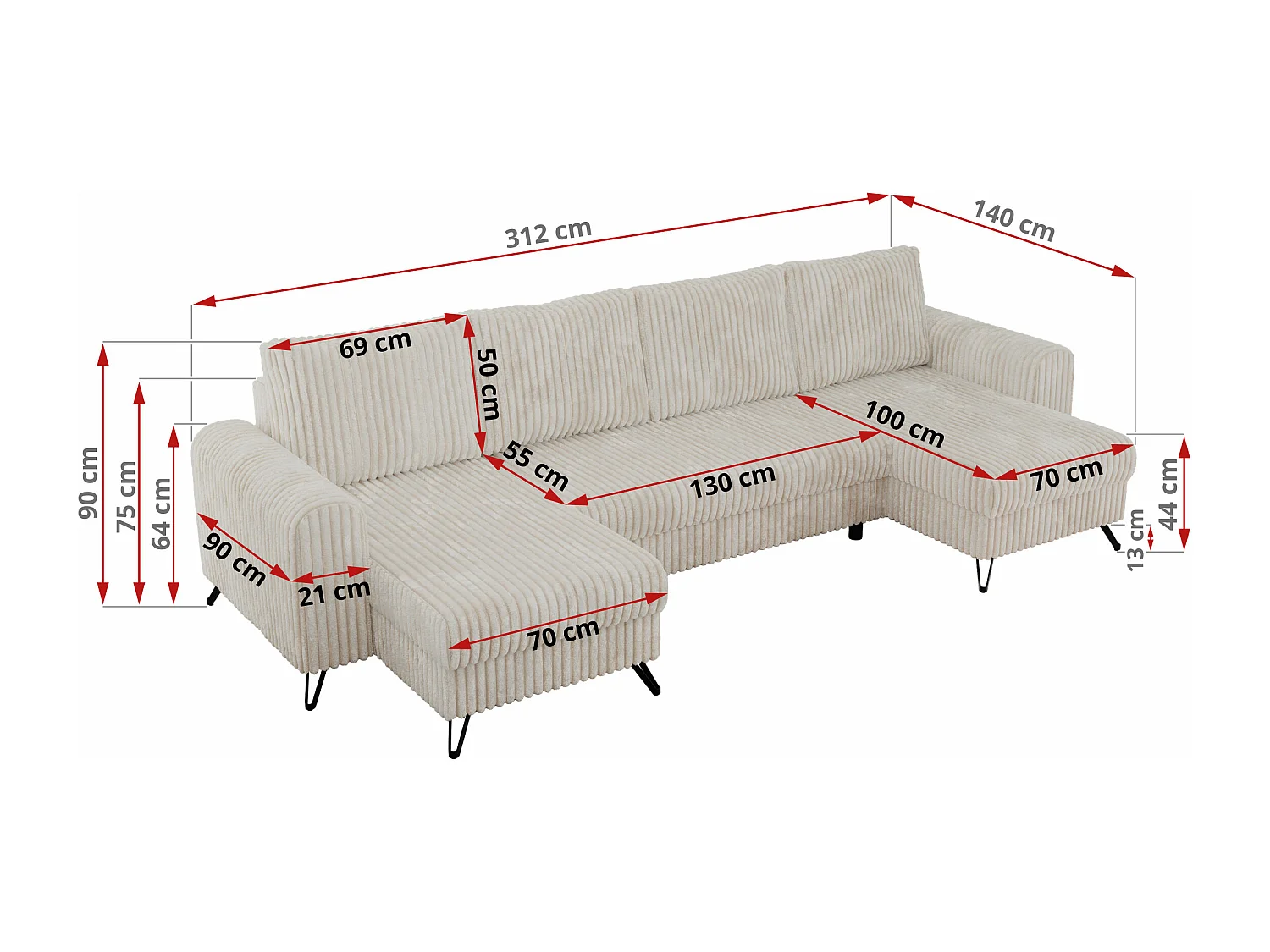 Ecksofa AXEL U, lose kissen, Ecksofa l-förmig, schlaffunktion und Bettkästen - Beige Cord