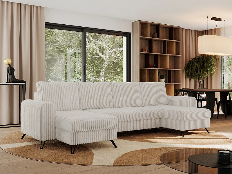 Ecksofa AXEL U, lose kissen, Ecksofa l-förmig, schlaffunktion und Bettkästen - Beige Cord