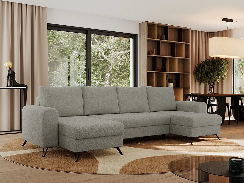 Ecksofa AXEL U, lose kissen, Ecksofa l-förmig, schlaffunktion und Bettkästen - Hellgrau Boucle