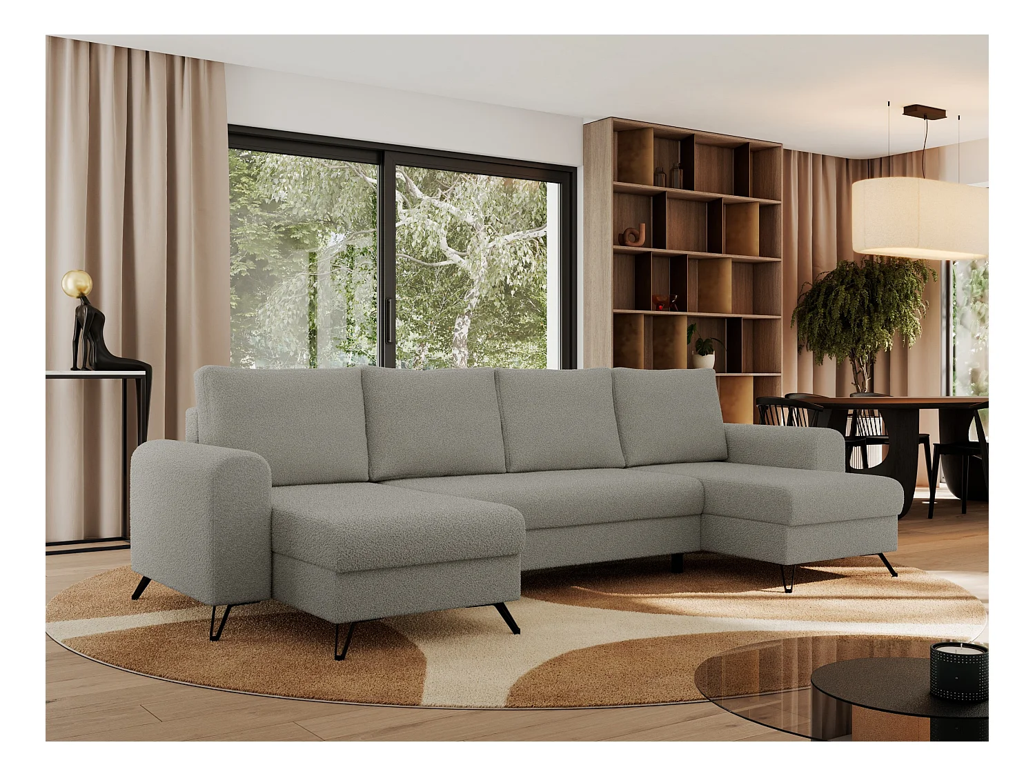 Ecksofa AXEL U, lose kissen, Ecksofa l-förmig, schlaffunktion und Bettkästen - Hellgrau Boucle