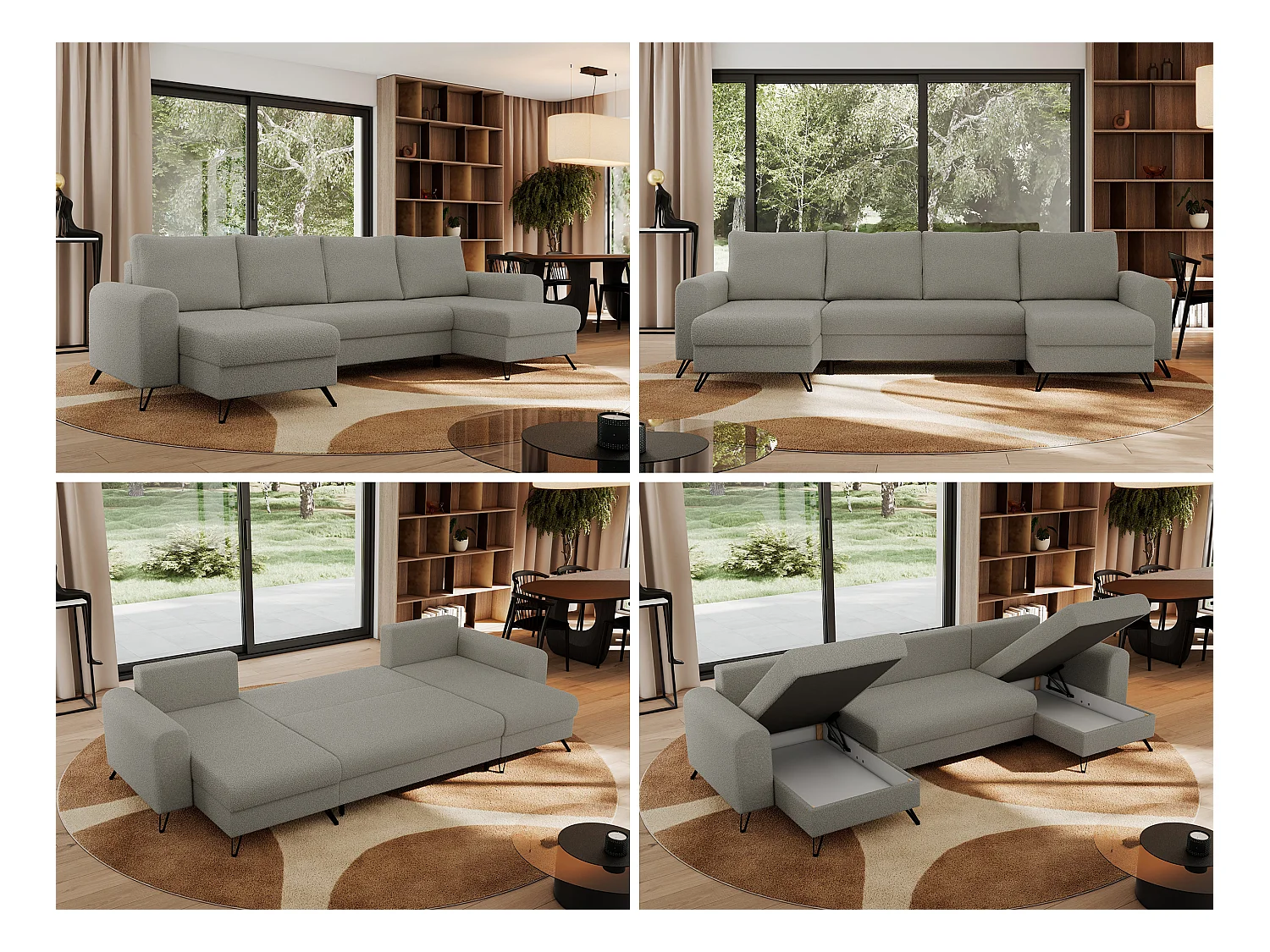 Ecksofa AXEL U, lose kissen, Ecksofa l-förmig, schlaffunktion und Bettkästen - Hellgrau Boucle