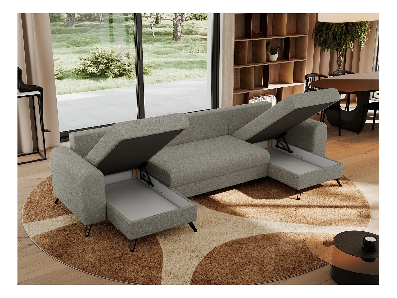 Ecksofa AXEL U, lose kissen, Ecksofa l-förmig, schlaffunktion und Bettkästen - Hellgrau Boucle