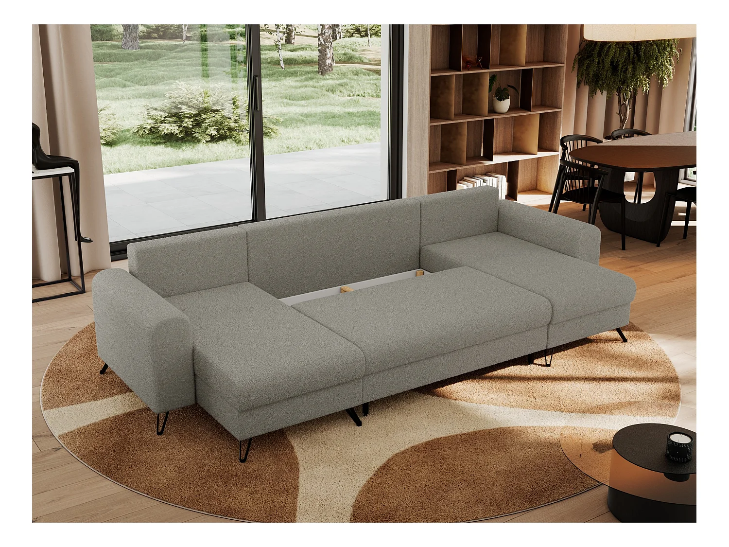 Ecksofa AXEL U, lose kissen, Ecksofa l-förmig, schlaffunktion und Bettkästen - Hellgrau Boucle