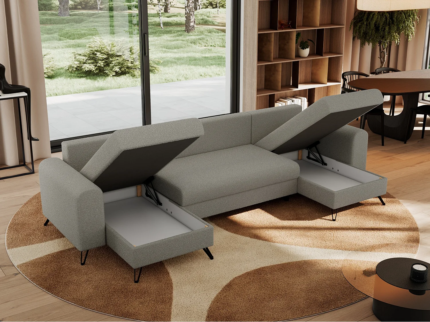 Ecksofa AXEL U, lose kissen, Ecksofa l-förmig, schlaffunktion und Bettkästen - Hellgrau Boucle