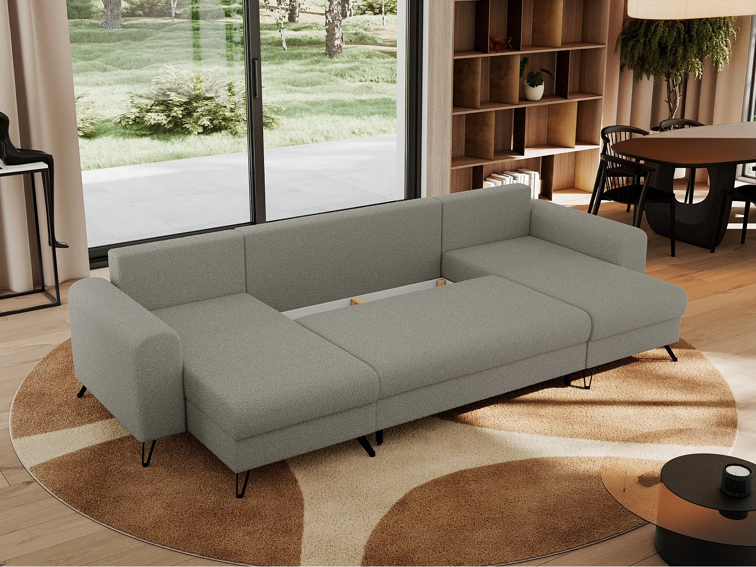 Ecksofa AXEL U, lose kissen, Ecksofa l-förmig, schlaffunktion und Bettkästen - Hellgrau Boucle