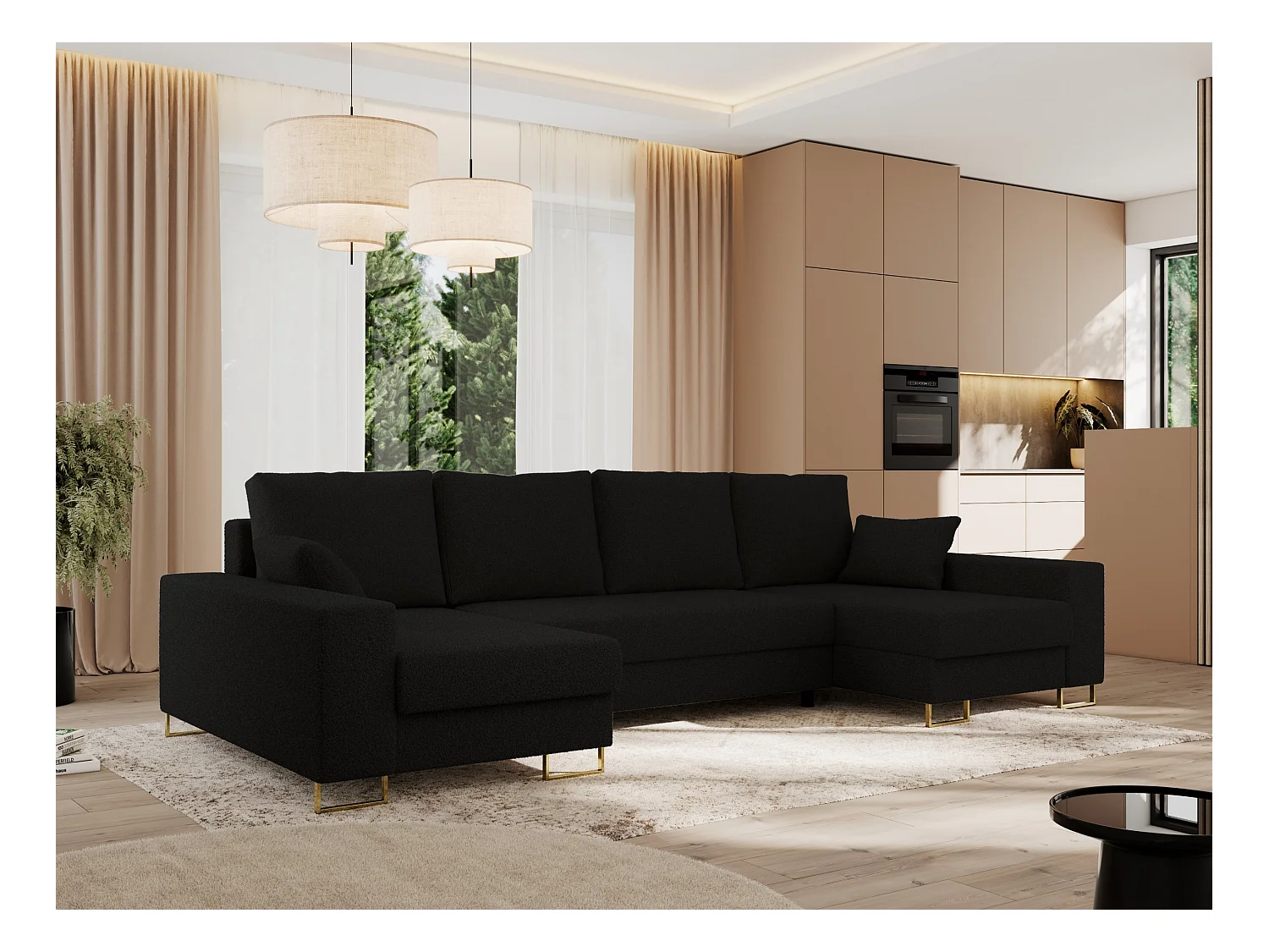 Ecksofa DORIAN U, Wohnlandschaft, Ecksofa mit Armlehnen, schlaffunktion und Bettkästen - Schwarz Boucle