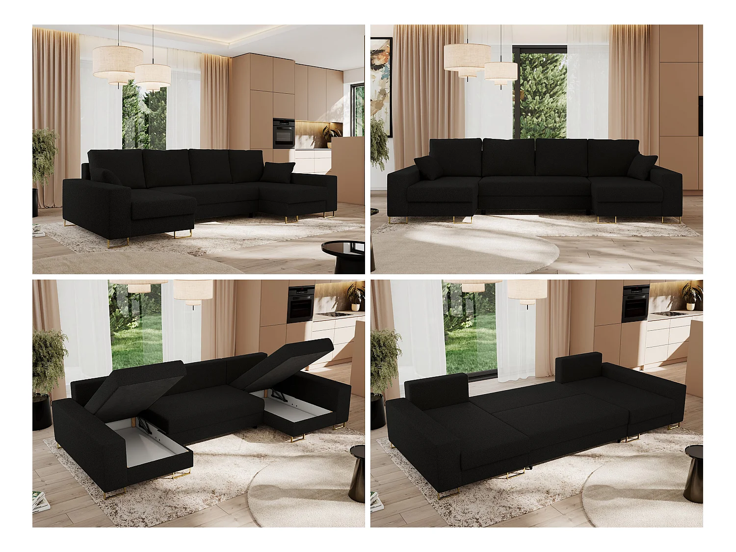 Ecksofa DORIAN U, Wohnlandschaft, Ecksofa mit Armlehnen, schlaffunktion und Bettkästen - Schwarz Boucle