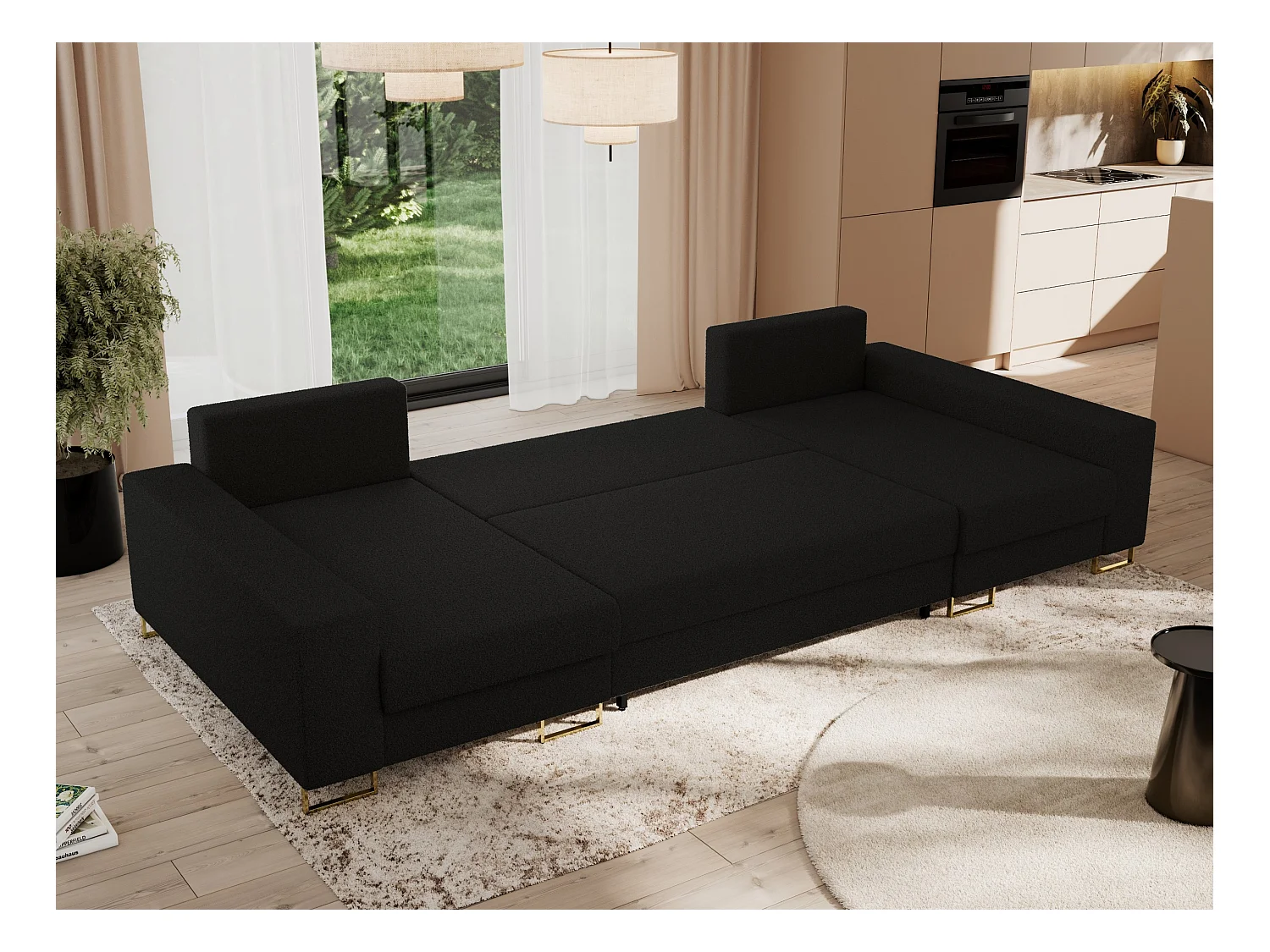 Ecksofa DORIAN U, Wohnlandschaft, Ecksofa mit Armlehnen, schlaffunktion und Bettkästen - Schwarz Boucle