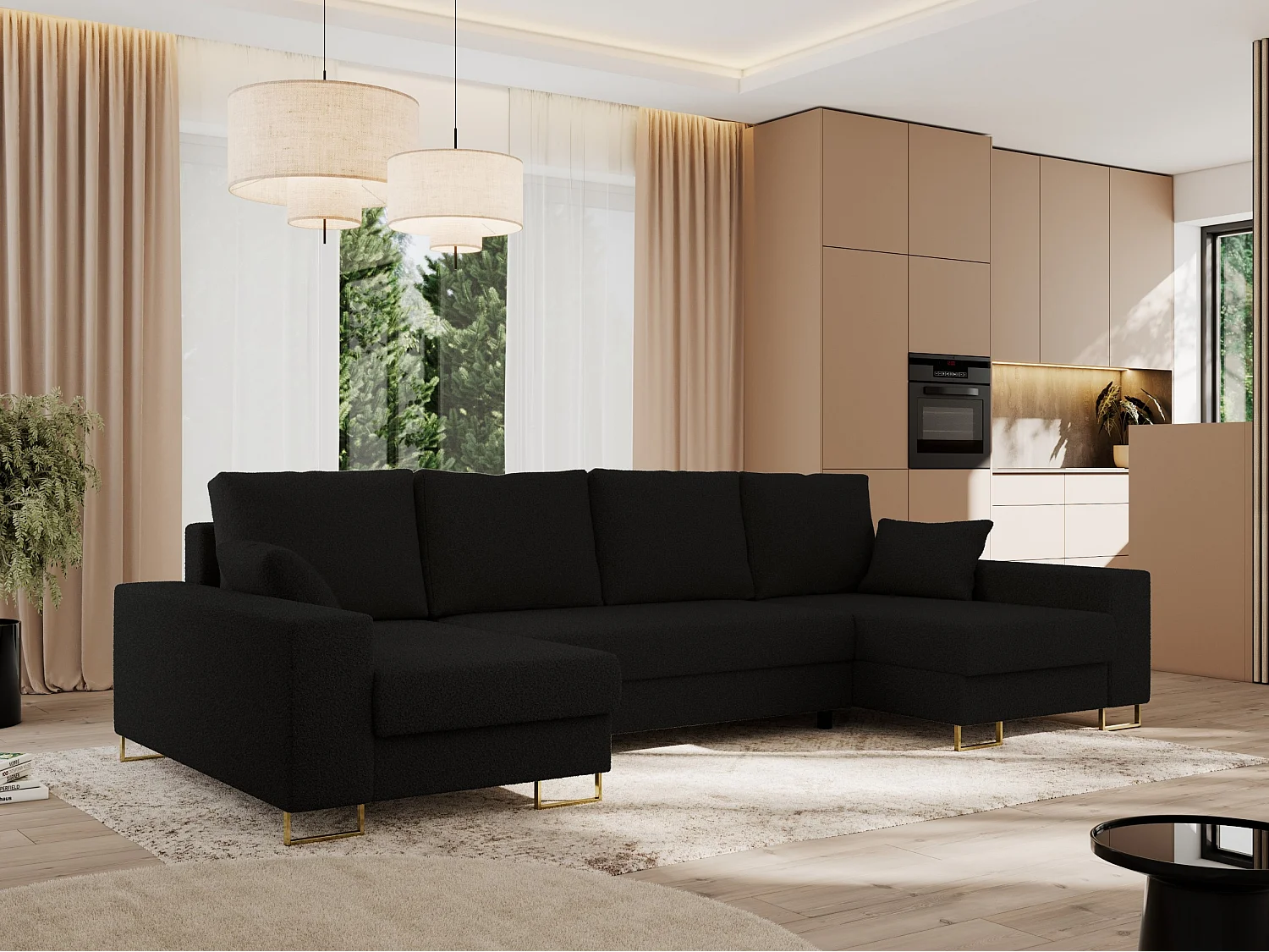 Ecksofa DORIAN U, Wohnlandschaft, Ecksofa mit Armlehnen, schlaffunktion und Bettkästen - Schwarz Boucle