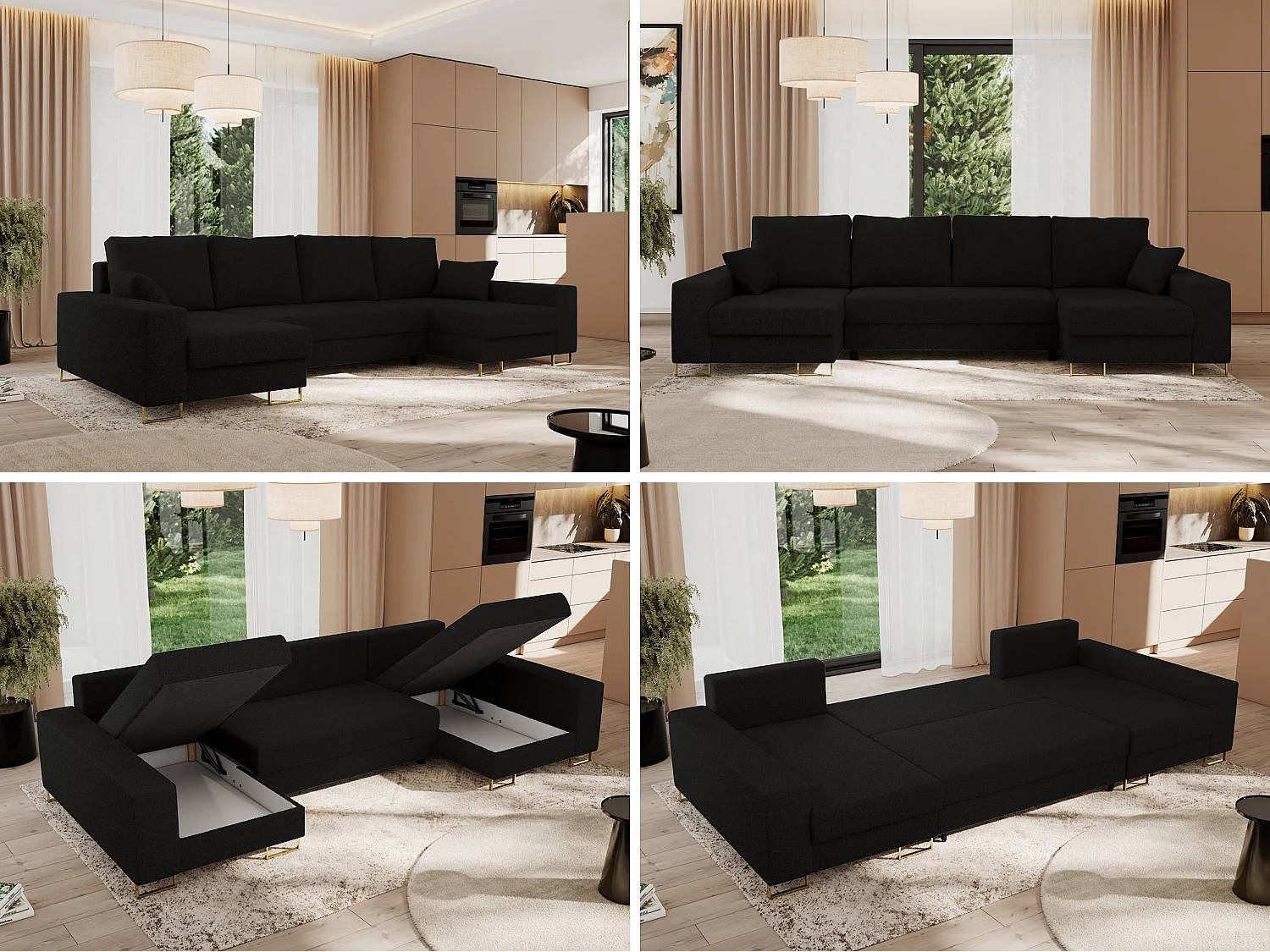 Ecksofa DORIAN U, Wohnlandschaft, Ecksofa mit Armlehnen, schlaffunktion und Bettkästen - Schwarz Boucle