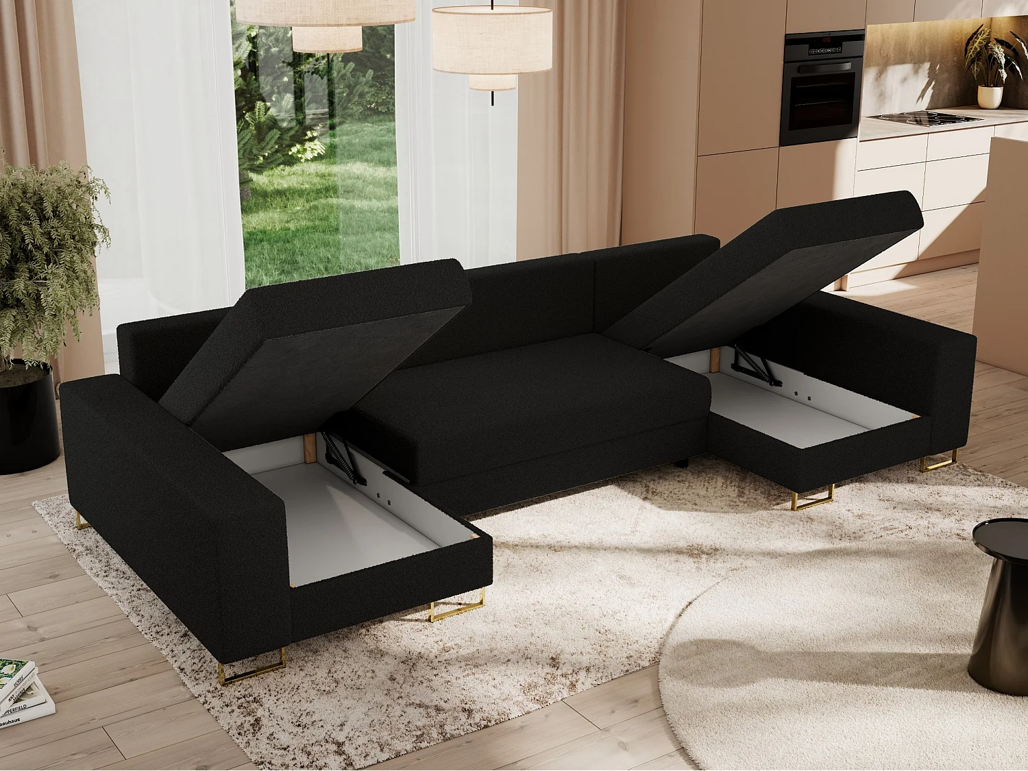 Ecksofa DORIAN U, Wohnlandschaft, Ecksofa mit Armlehnen, schlaffunktion und Bettkästen - Schwarz Boucle