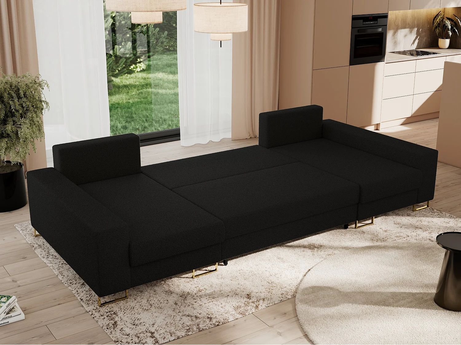 Ecksofa DORIAN U, Wohnlandschaft, Ecksofa mit Armlehnen, schlaffunktion und Bettkästen - Schwarz Boucle