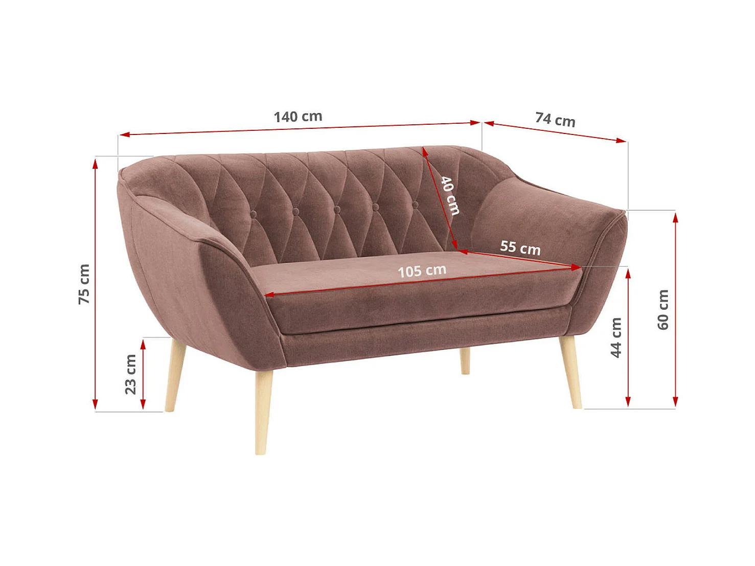 Sofa PIRS - 2-Sitzer, mit Armlehnen, Skandinavisches Design - Rosa Velvet