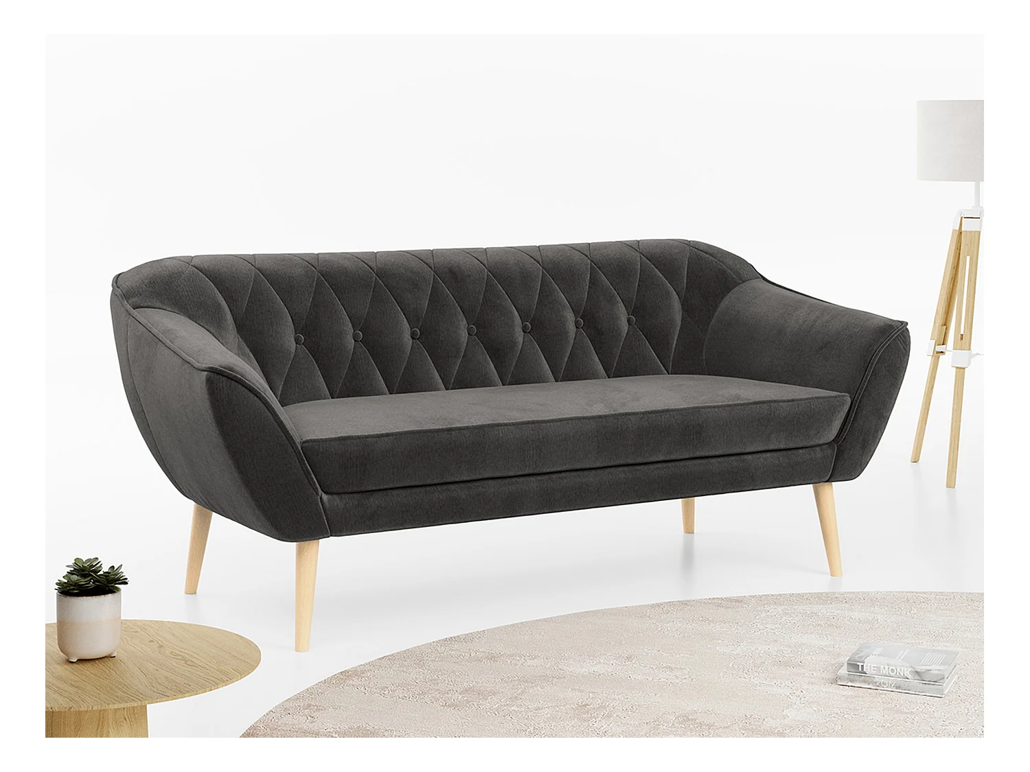 Sofa PIRS - 3-Sitzer Skandinavischer Sofa, mit Armlehnen, Holzbeine - Grau Velvet