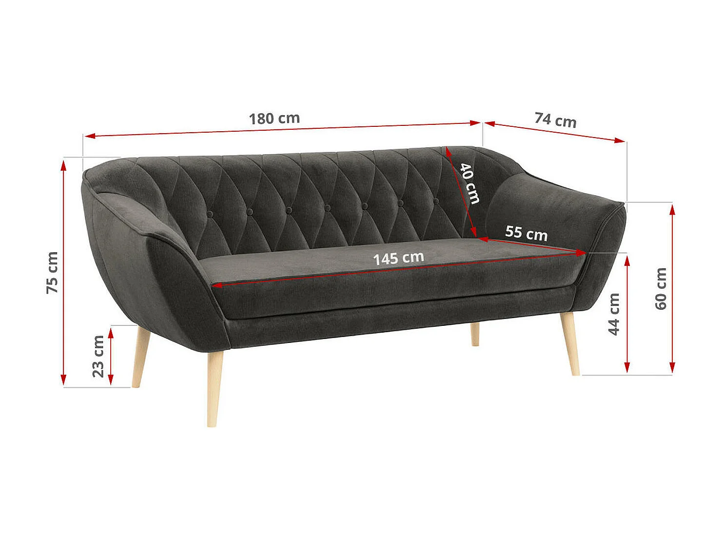 Sofa PIRS - 3-Sitzer Skandinavischer Sofa, mit Armlehnen, Holzbeine - Grau Velvet
